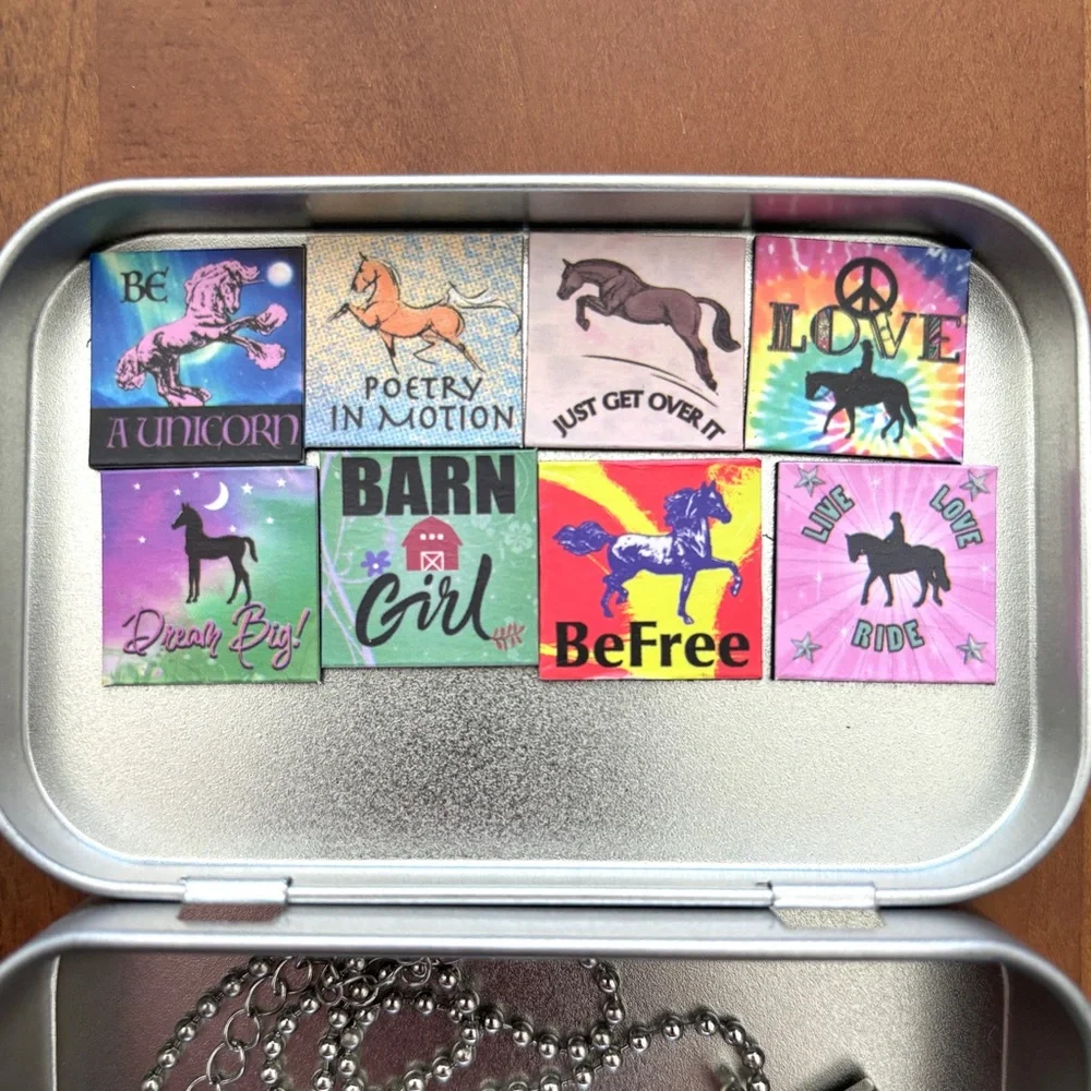 Breyer Equus 9 horse art tiles silver tone necklace in metal tin